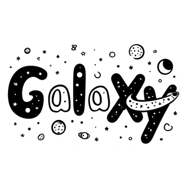 The word "galaxy" formed by individual letters constructed from various celestial bodies. The letter "g" is shaped by swirling stars and a small planet, while the letter "a" is made up of two planets orbiting around a bright star. The letter "l" is a long, luminous comet streaking through space. The letter "a" once again features two galaxies intertwined, and the letter "x" consists of two star clusters crossed over each other. The letter "y" is depicted as a crescent moon alongside a shimmering nebula. The background is filled with additional scattered stars and a distant planet to enhance the cosmic theme.