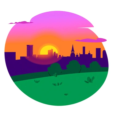 A panoramic view of the Belgrade skyline during sunset from a hilltop. The sky is filled with vibrant shades of orange, pink, and purple as the sun descends on the horizon. The cityscape features a mix of modern and historical buildings, with prominent structures silhouetted against the colorful sky. In the foreground, the hilltop is dotted with green grass and a few scattered trees. The scene captures the essence of the city as the last rays of light reflect off the windows of the skyscrapers.