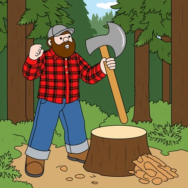 A rugged lumberjack with a thick bushy beard stands in a dense forest surrounded by tall pine trees. He is wearing a red and black checkered flannel shirt and sturdy blue jeans, complemented by heavy brown boots. In his hands, he wields a large shiny axe, raised high as he prepares to chop a thick log resting on a stump. The ground is covered with scattered wood chips from previous chopping, and a few ferns are growing in the underbrush nearby. Sunlight filters through the tree branches, creating dappled shadows on the forest floor.