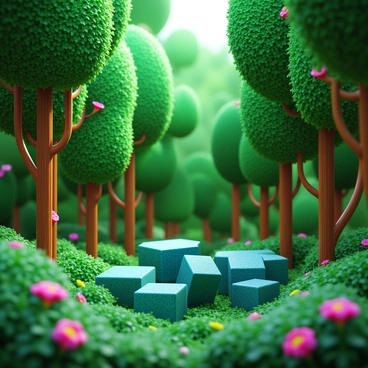 A dense forest scene with trees growing from 3D boxes