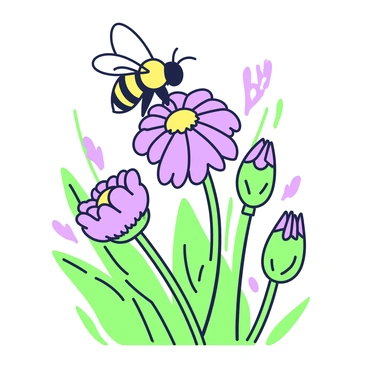 A bee is hovering above a cornflower, preparing to collect nectar. The cornflower is blooming, displaying its intricate petals and distinct shape. Surrounding the flower, there are green leaves and additional plants, indicating a lush garden setting. The bee features delicate wings, and its body is covered in fine hairs, emphasizing its role in pollination. The sunlight casts gentle shadows, highlighting the details of the bee and the flower’s vibrant texture.