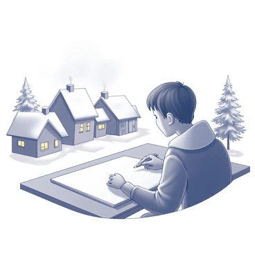 An illustrator is seated at a drawing table, focused on creating a monochrome depiction of a snowy village. The village features several small houses, each with sloped roofs covered in a thick layer of snow. Smoke is rising gently from chimneys, creating a sense of warmth amidst the cold. Trees are scattered throughout the scene, their branches heavy with snow. The illustrator's hand is poised with a pencil, capturing the details of the charming landscape.