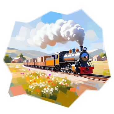 A steam-powered cargo train with puffing smoke, set in a 19th-century landscape