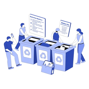 A busy battery recycling station is filled with people dropping off used batteries for reuse. There are several recycling bins prominently displayed, with clear labels indicating their purpose. Individuals of various ages are seen approaching the bins, some holding bags filled with batteries, while others are in the process of depositing their items. Nearby, a sign displays recycling guidelines and safety information. In the background, there are informational posters about battery recycling and its environmental benefits. The scene includes a sense of activity and community involvement in sustainable practices.