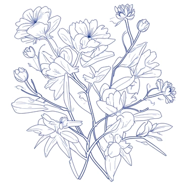 A duotone illustration features a pattern of various flowers and leaves intertwined in a harmonious design. The flowers exhibit intricate shapes and sizes, with petals delicately curving and overlapping. The leaves have a variety of forms, some broad and others slender, all contributing to the overall complexity of the pattern. The lines are smooth and continuous, creating a cohesive flow throughout the image. The arrangement of the flowers and leaves gives depth to the design, inviting the viewer to appreciate the details within the monoline structure.