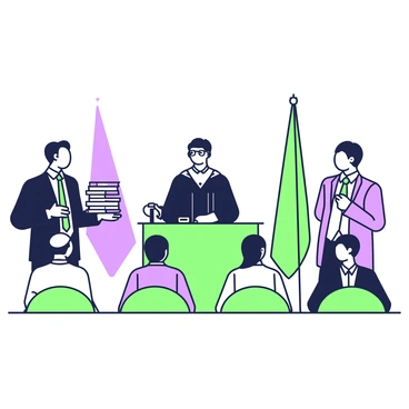 A courtroom scene is filled with activity during a trial. In the center, a judge is seated at the bench, wearing a black robe and glasses, with a gavel resting on the bench beside him. To the left, a lawyer stands, presenting evidence with a stack of documents in front of him. He is dressed in a navy suit, gesturing towards the judge. To the right, another lawyer, also in a suit, listens attentively, jotting down notes. In the foreground, several jurors are seated, listening carefully. They are a diverse group, including both men and women, some with notepads in their laps. The courtroom is furnished with wooden furniture, and a large flag is visible in the background.