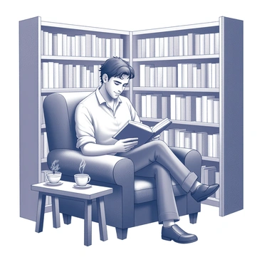 A relaxed man is sitting comfortably in a corner of a library. He is seated on a plush armchair, leaning slightly forward, absorbed in reading a novel. The library shelves are filled with an array of books, creating a warm and inviting environment. Soft lighting illuminates the area, casting gentle shadows and enhancing the cozy feel. A small wooden table beside him holds a steaming cup of tea and a pair of reading glasses, adding to the serene scene. The man has a calm expression, with his hair slightly tousled, reflecting a moment of peaceful solitude.