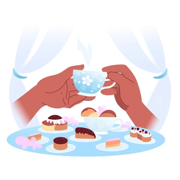 Two hands, slender and elegant, are gently holding a floral teacup adorned with intricate patterns of blooming flowers. The teacup is resting on a delicate saucer, both featuring pastel colors that blend softly together. Surrounding the teacup, a beautifully arranged table is set with a variety of pastries and sweets, all displayed on delicate porcelain plates. In the background, soft light filters through sheer curtains, creating a warm ambiance for an afternoon tea setting.