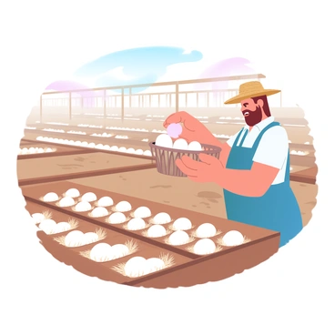 A farmer is collecting eggs from a neatly arranged egg-laying area in a poultry farm. The farmer is wearing a straw hat and a pair of overalls, and is gently placing the eggs into a basket. The laying area features rows of nests filled with straw, with several eggs visible in each nest. The background includes wooden structures that house the poultry, and the ground is covered with a mix of straw and dirt. Natural light filters through the open spaces, highlighting the organized setting.