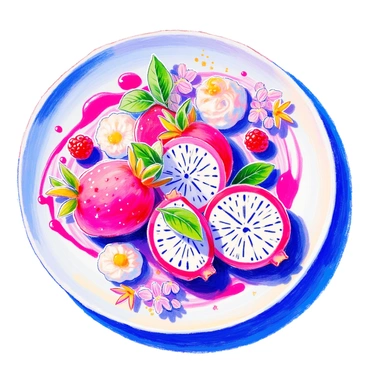 A gourmet dessert plate is elegantly arranged, showcasing meticulously prepared dragon fruit slices. The vibrant pink and white flesh of the dragon fruit is artistically garnished with fresh mint leaves. Around the plate, there are delicate swirls of raspberry coulis and small dollops of whipped cream. The plate itself is a pristine white, enhancing the vivid colors of the fruit and garnishes. A few edible flowers are scattered artfully around the plate, adding a touch of elegance and adding color contrast.