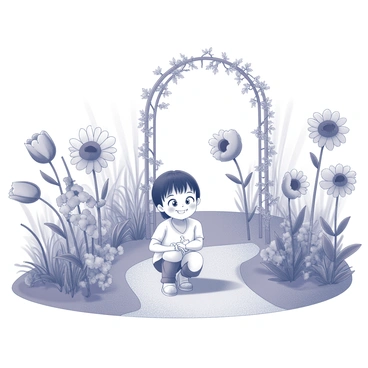 A garden filled with various flowers of different shapes and sizes. Each flower appears animated, displaying facial expressions and open mouths as if they are engaged in conversation. In the center of this garden, a child is crouching down, looking intently at one of the flowers. The child has an expression of curiosity, with wide eyes and a slight smile. Surrounding the child, the flowers create a vibrant atmosphere with their lively interactions. The garden pathway winds through the flora, leading toward a small archway adorned with climbing vines, inviting further exploration.