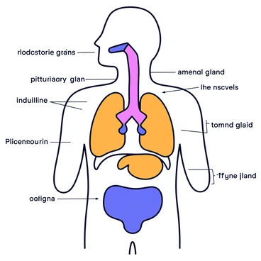 A detailed illustration of the human endocrine system, featuring various glands such as the pituitary gland, adrenal glands, and pancreas. The thyroid gland is prominently highlighted in a distinct color, showing its butterfly shape located in the neck area. Each gland is labeled clearly with its name, and the surrounding structures are depicted in a simplified, minimalistic manner to enhance clarity.