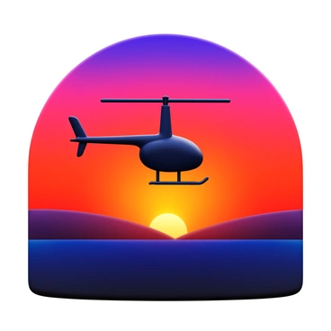 An RC helicopter with a sleek design and spinning blades is silhouetted against a vibrant sunset sky. The sky features a gradient of colors including deep oranges, purples, and pinks, merging seamlessly as day transitions to night. Below, a quiet field stretches out, bordered by gentle hills, with shadows cast by the setting sun. The scene captures the peacefulness of the moment, emphasizing the contrast between the dark silhouette of the helicopter and the bright, colorful sky.