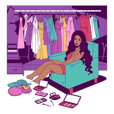 Aaliyah is sitting in a teal plush chair backstage, looking relaxed and contemplative. Her long dark hair cascades over her shoulders, and she is wearing a stylish outfit. Surrounding her are various colorful costumes hanging on racks, showcasing intricate designs and vibrant colors. Makeup kits are scattered on a nearby table, some open with brushes and palettes visible. The atmosphere is lively with hints of anticipation for the upcoming performance.