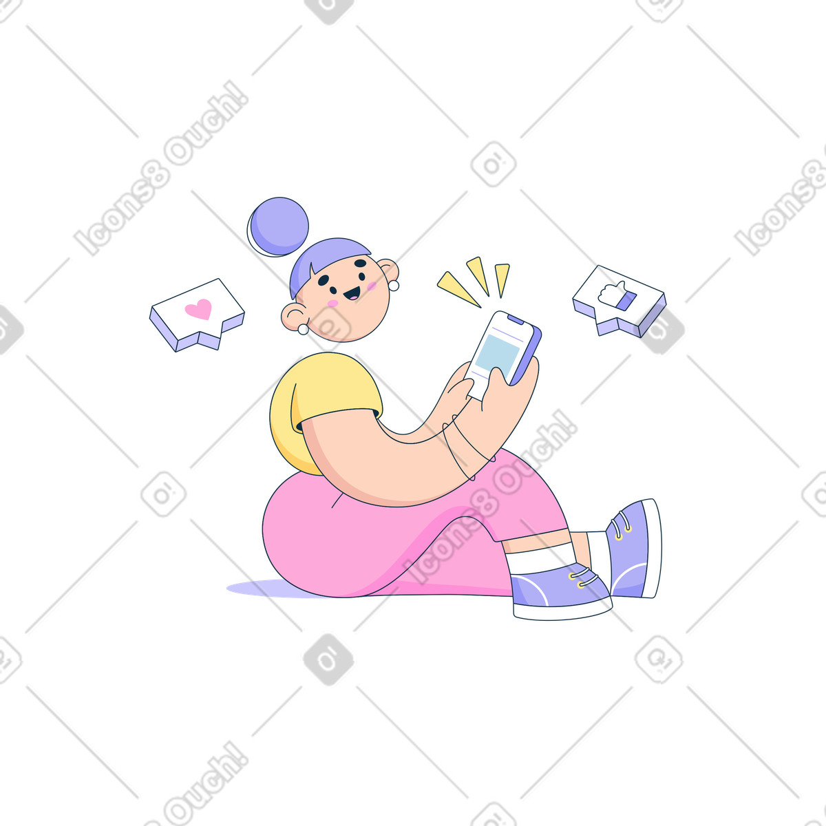 Ilustração animada de Receiving social media feedback on phone, Online community interaction em no estilo Bubble gum para baixar em GIF, Lottie (JSON), AE
