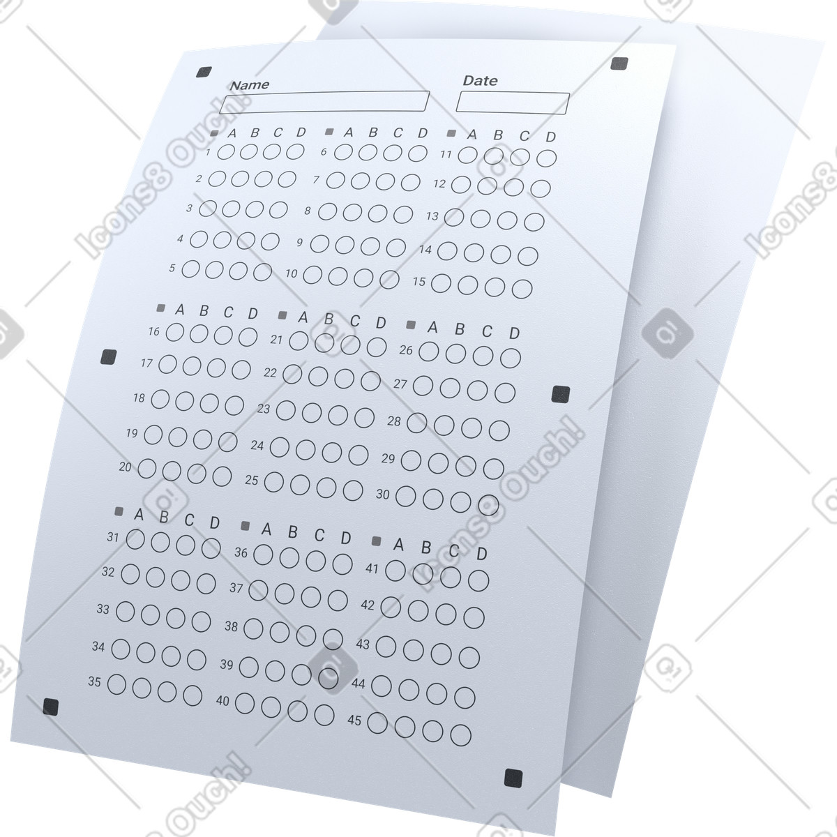 Multiple choice exam form, educational testing paper, knowledge assessment template illustration in 3D Pro style download in PNG, SVG