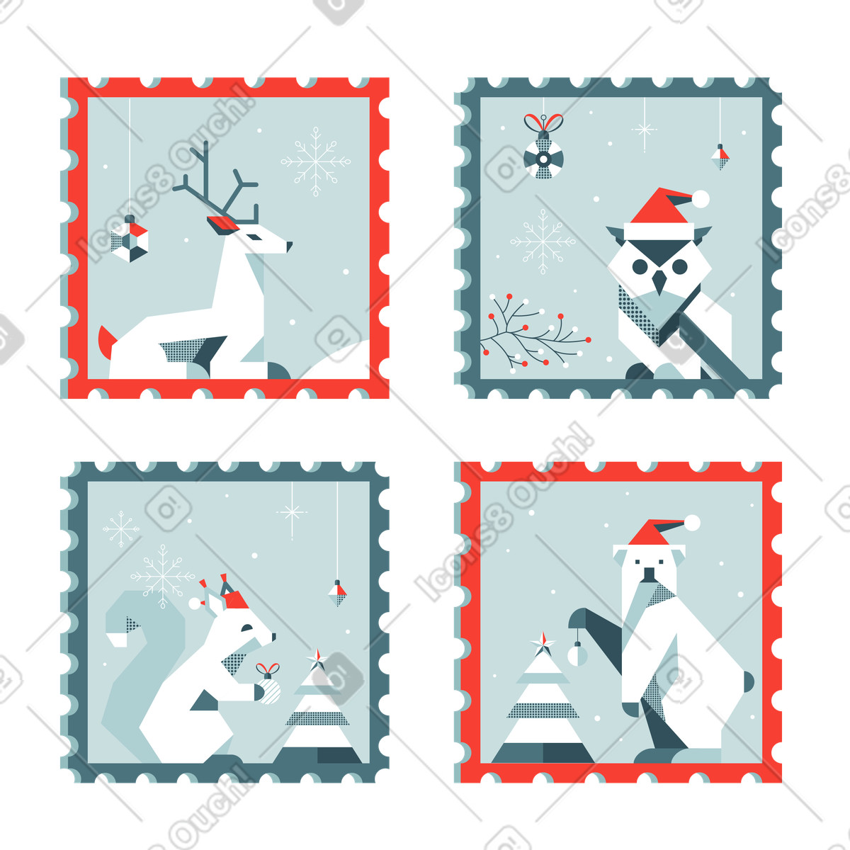 下载 Nordic 风格的 Set of Christmas animal postage stamps, Holiday mail and correspondence 插画，支持 PNG、SVG 格式