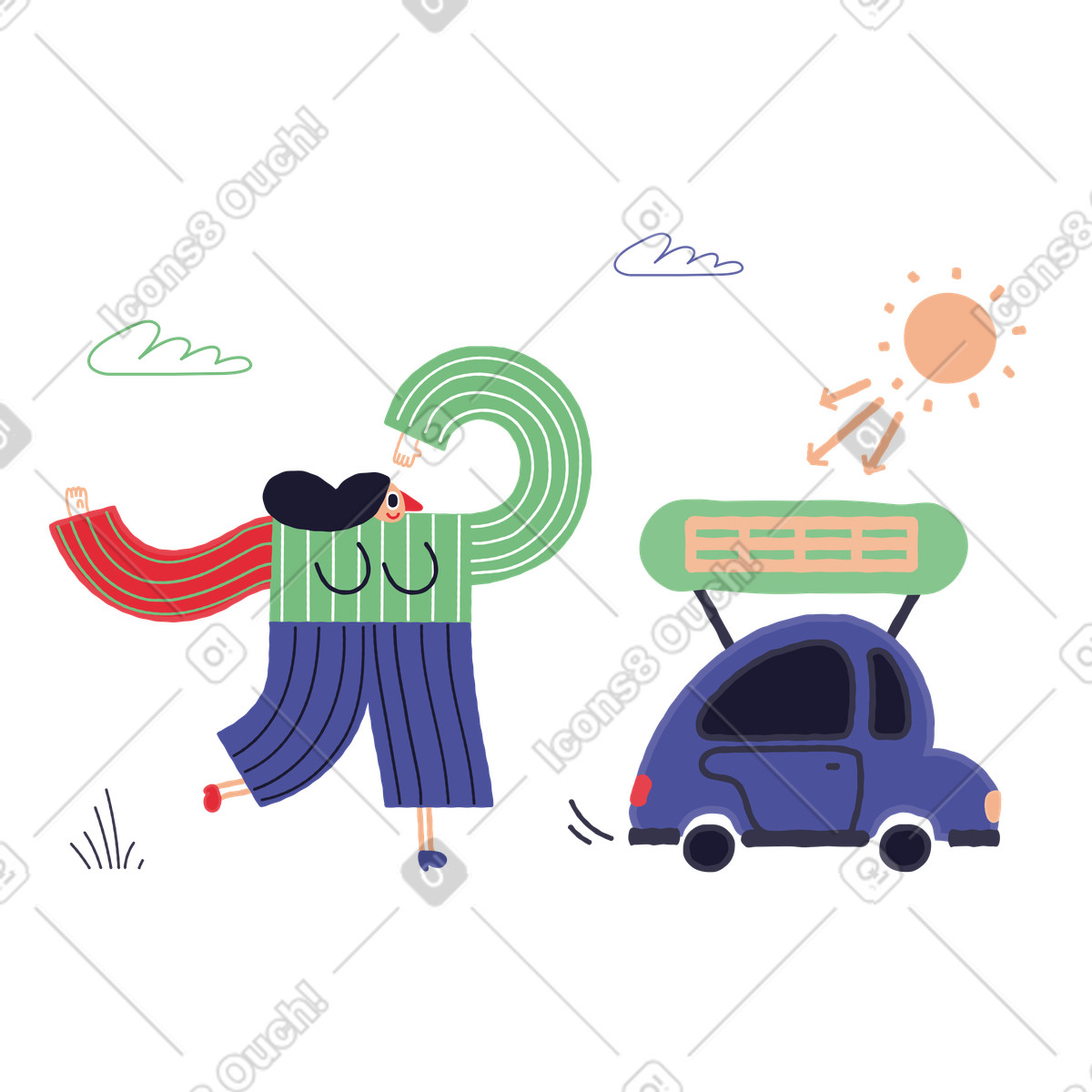 Driver charging electric car with solar energy, Eco-friendly transportation illustration in Stripy style download in PNG, SVG