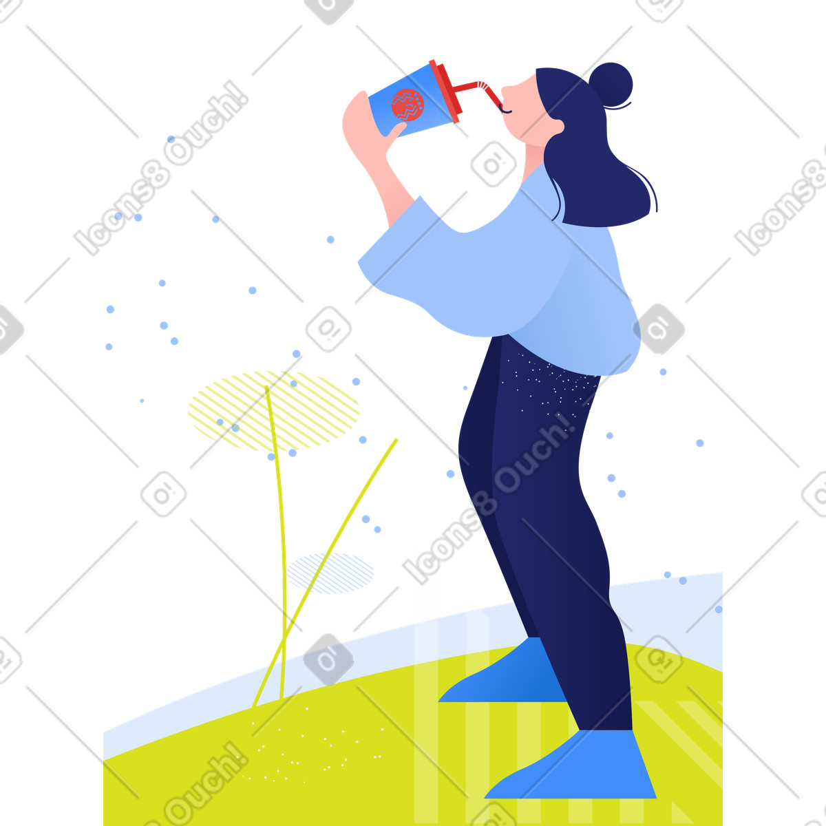 Donna che si gode un drink con la cannuccia illustrazione in stile Clip scarica in PNG, SVG