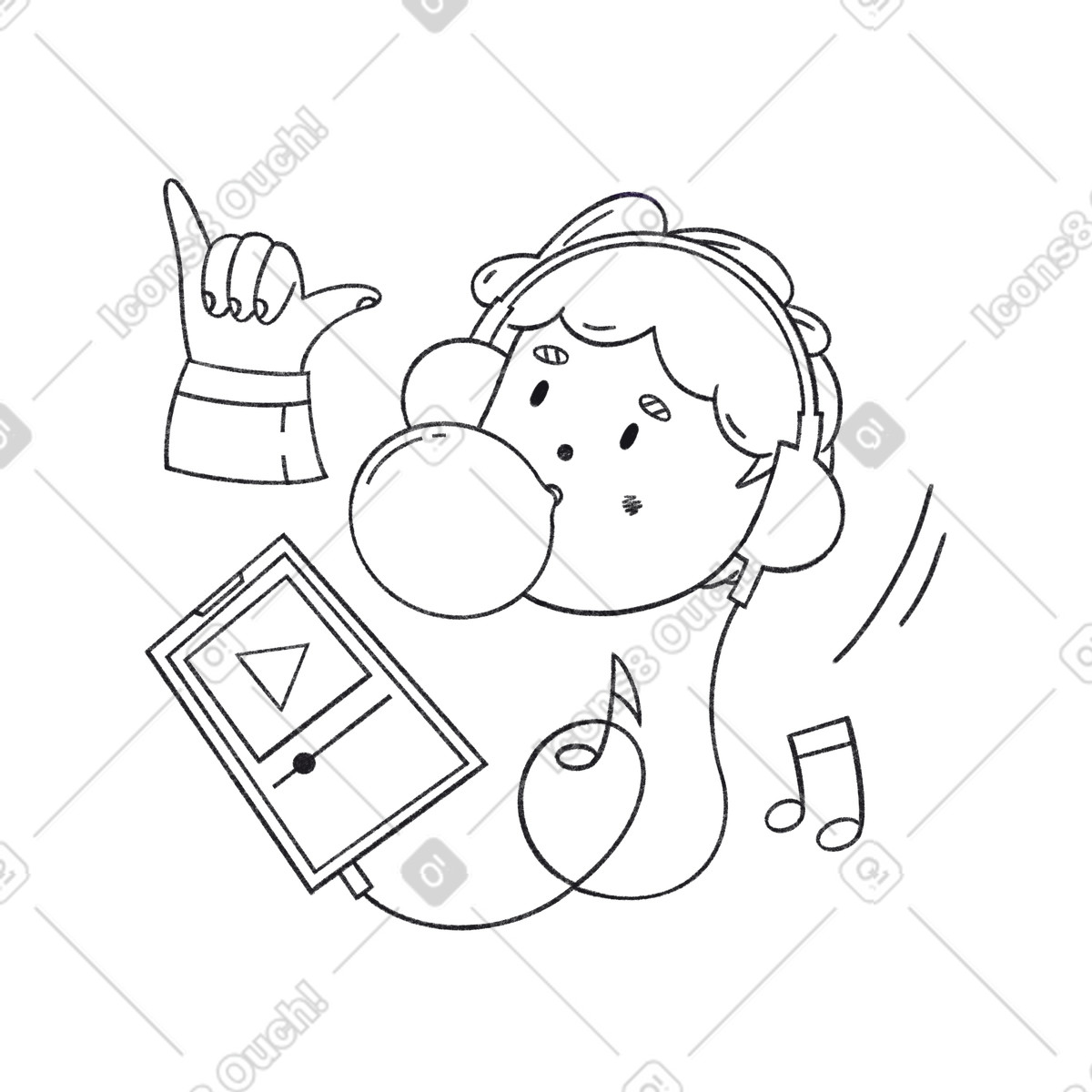 Teenager listens to music in headphones and hang loose symbol illustration Bonbon Line style download PNG, SVG
