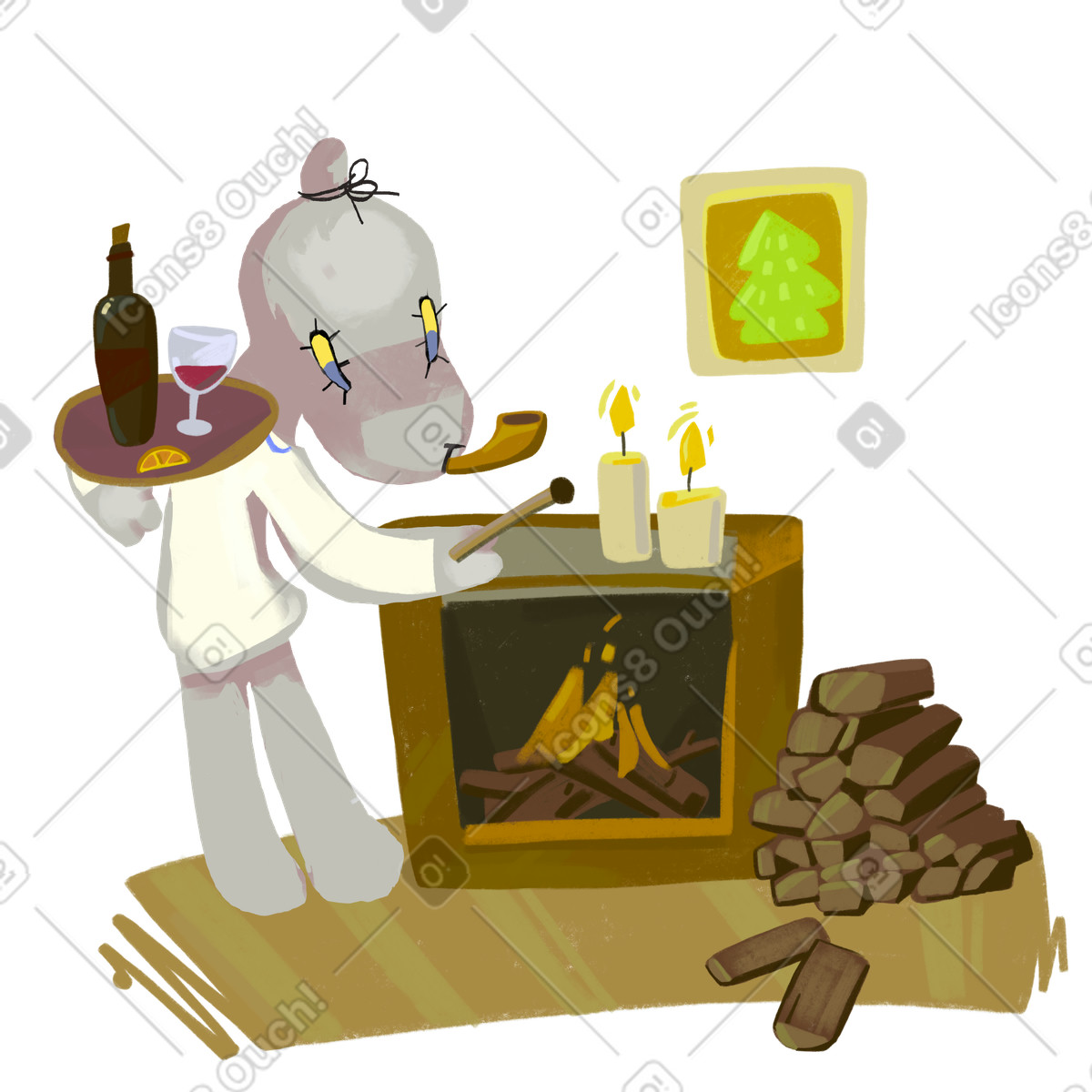 Illustration Noël au coin du feu dans le style Atomic à télécharger aux formats PNG, SVG