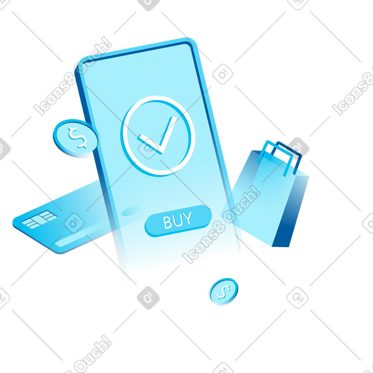 Smartphone with online payment button and shopping bag, Digital checkout for E-commerce apps illustrazione in stile Icy scarica in PNG, SVG