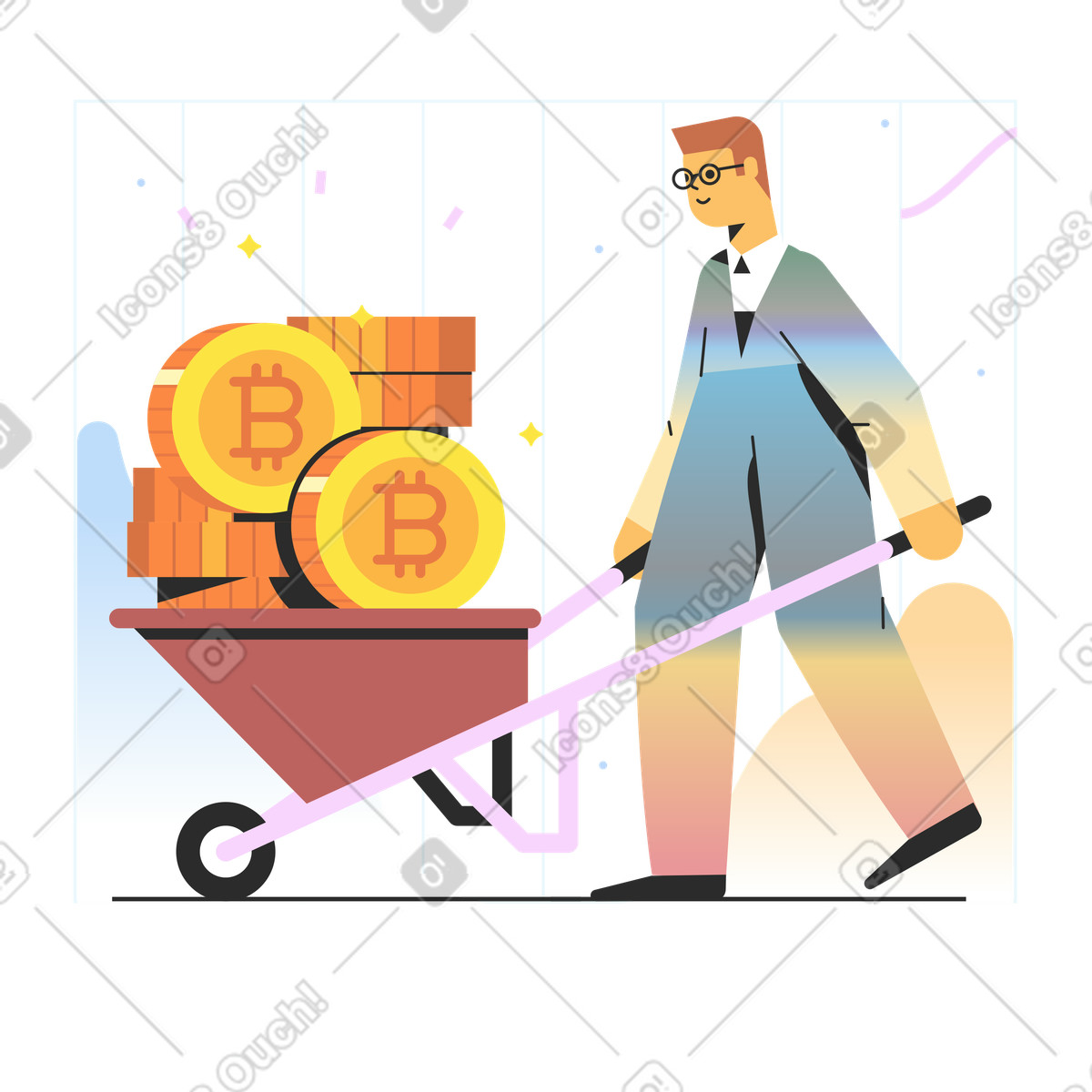 Uomo con carriola che estrae bitcoin illustrazione in stile Marginalia scarica in PNG, SVG