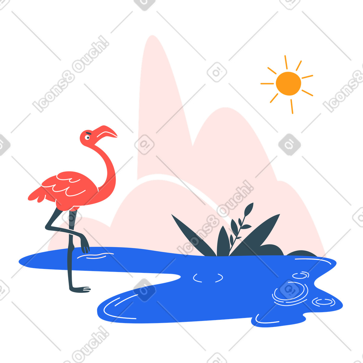 Ilustração de Oásis com lago e flamingo em no estilo Kingdom para baixar em PNG, SVG