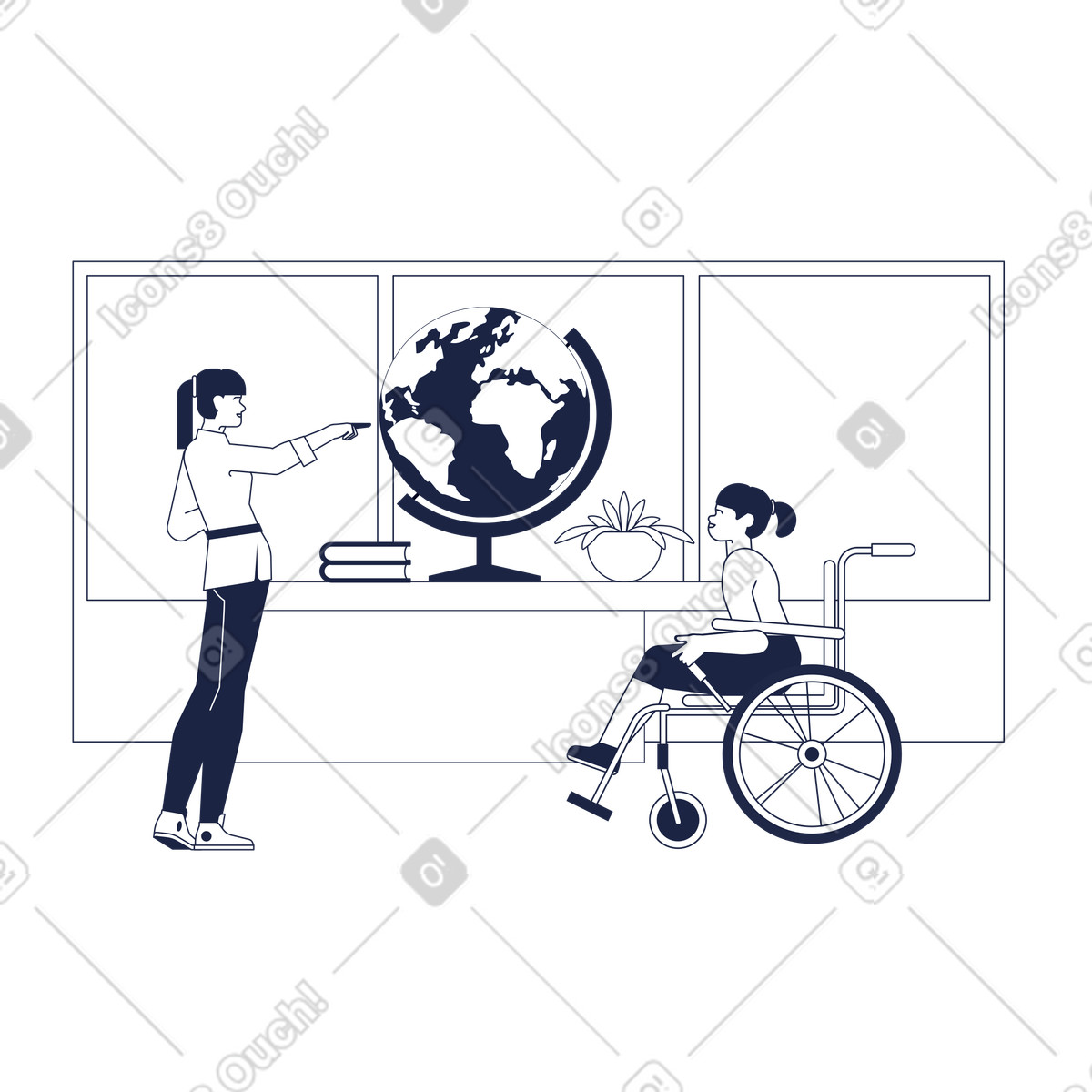 Mädchen im rollstuhl beim unterricht in einer integrativen schule-Illustration Urban Line-Stil als Download PNG, SVG