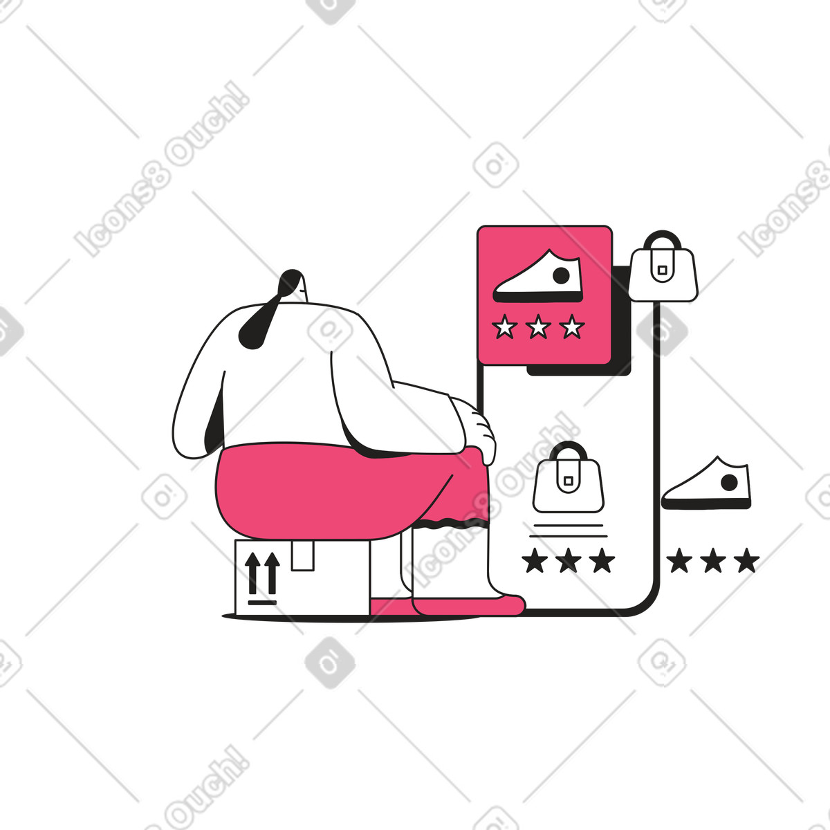 Ilustración animada Mujer sentada en una caja y eligiendo productos la tienda online estilo Dazzle Line a descargar GIF, Lottie (JSON), AE