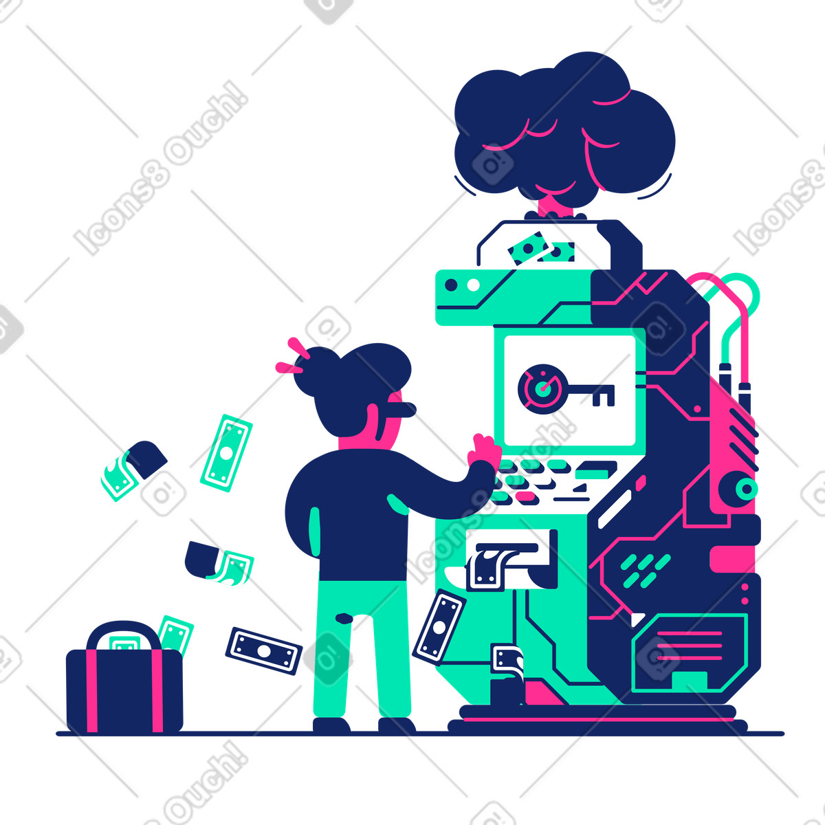 Persona che hackera un bancomat e ruba denaro illustrazione in stile Cyborg scarica in PNG, SVG