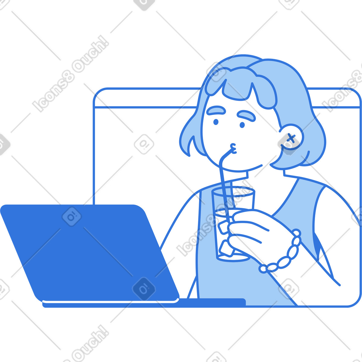 Ilustración Mujer bebiendo jugo y mirando en la computadora portátil estilo Sky a descargar PNG SVG