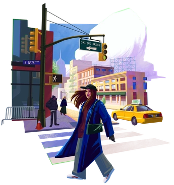 A woman walking in a city street - Lush style illustration