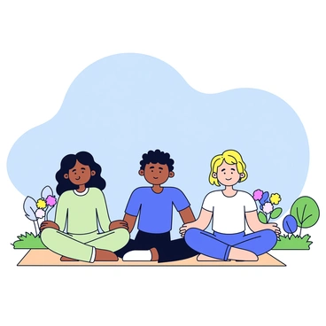 A group of three people meditating together. One person has long black hair and wears a light green outfit, another has short brown hair and is dressed in a blue shirt, and the third has curly blonde hair wearing a white top. They are sitting cross-legged on a light brown mat. Surrounding them is a grassy area with a few small trees and colorful flowers in the background. The sky above is clear and blue, and a gentle breeze rustles the leaves of the trees.