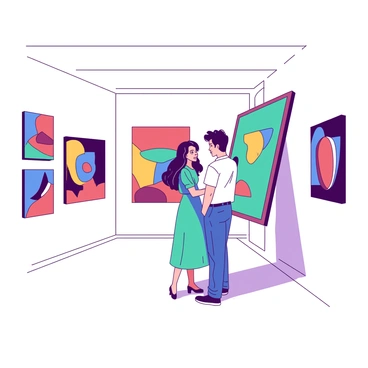 A couple is standing in front of a large abstract painting in a modern art gallery. The woman has long brown hair and is wearing a teal dress, while the man has short black hair and is dressed in a white shirt and blue pants. They are leaning slightly towards each other, discussing the artwork with intrigued expressions. Surrounding them are several other colorful paintings on the gallery walls, each showcasing unique shapes and forms. Soft lighting highlights the vibrant colors of the artworks while casting gentle shadows on the polished floor.