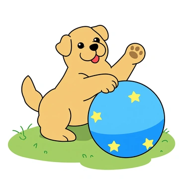 A small, fluffy puppy with golden fur and big, expressive eyes is sitting on a patch of green grass. The puppy has its front paws raised high in the air, attempting to lift a large, colorful ball that is much bigger than its head. The ball is bright blue with yellow stars, sitting just in front of the puppy. The puppy's tail is wagging energetically, and its ears are perked up, showing its excitement. Sunlight is shining down, casting soft shadows on the grass around the playful scene.