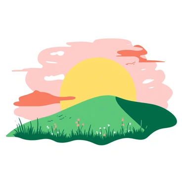 A yellow sun is rising over a green hill, casting a warm glow across the landscape. The sky is painted in shades of orange and pink as the sun breaks the horizon. Wispy clouds are scattered, reflecting the colors of the sunrise. In the foreground, there are silhouettes of grass and a few wildflowers lightly illuminated by the sunlight. The overall scene conveys a sense of freshness and tranquility.