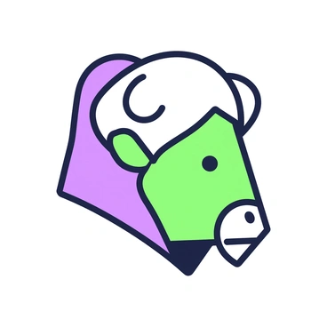 A bison head is depicted using geometric shapes and bold lines. The head has a prominent forehead with large, rounded horns extending outward. The snout is broad and flat, with a defined mouth and nostrils. The eyes are small and set deep within the angular structure of the head. The overall design emphasizes sharp angles and curves, creating a stylized representation of the bison's features, with the shapes clearly defined and contrasting against each other. The background remains simple to highlight the bison head illustration.