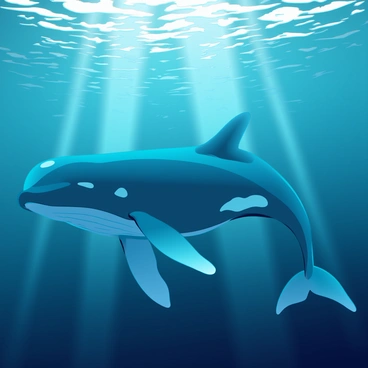 A magnificent blue whale with a streamlined body is swimming gracefully through deep ocean waters. The whale's skin is a vibrant blue with lighter spots, reflecting the surrounding light filtering through the water's surface. Bubbles trail behind it as it moves, creating rippling patterns in the water. The deep ocean is filled with shades of dark blue and hints of turquoise, while the faint silhouettes of distant marine life can be seen in the background. Rays of sunlight penetrate the surface, casting shimmering beams that illuminate the whale's massive form and enhance the tranquil atmosphere of the underwater scene.