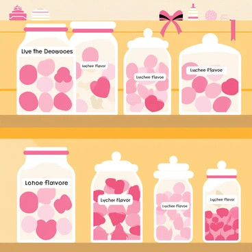 A candy shop filled with a colorful assortment of "lychee-flavored candies" arranged in clear jars on wooden shelves. Each jar contains candies in various shapes, including round, heart, and star designs. The candies are a mix of pink and white hues, glistening under bright lights. There are small labels on each jar with the words "Lychee Flavor" written in playful letters. The background features a wooden counter with a few additional candies and decorative elements like ribbons and bows.