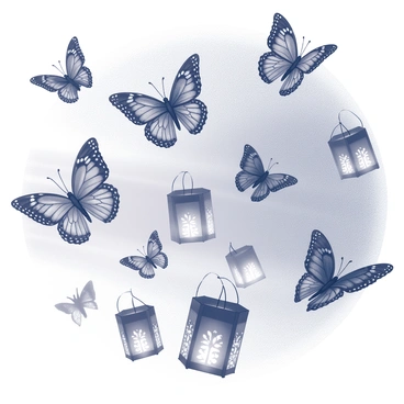 A group of "monarch butterflies" is in flight, their wings spread wide as they navigate through the air. The scene is set at "dusk," with the sky transitioning to shades that hint at nightfall. Below, several "glowing paper lanterns" are suspended, casting a soft light that illuminates their surroundings. The lanterns have intricate designs, showcasing patterns that contrast with the darkness. The butterflies gracefully move around the lanterns, creating a dynamic interaction between the natural and the illuminated elements of the scene.