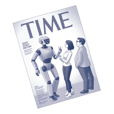 A magazine cover featuring a humanoid robot engaged in conversation with two humans. The robot stands tall, with a sleek metallic body and articulated limbs, its face displaying a friendly expression. One human, a woman with short hair, leans slightly forward, smiling as she gestures towards the robot. The second human, a man with glasses, stands beside her with a curious look on his face, tilting his head in interest. The background includes the title "TIME" prominently at the top, with the date and headlines positioned along the side. The overall composition emphasizes the interaction between technology and humanity.