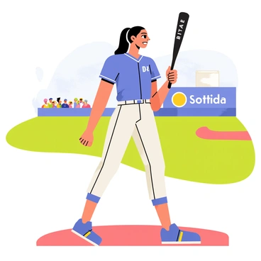 A female softball player wearing a blue jersey and white pants steps confidently into the batter's box. She has a determined expression on her face, with her long hair tied back in a ponytail. The player's hands grip the bat tightly, ready for the pitch. In the background, a vibrant green field and a bright blue sky can be seen, with a hint of a cheering crowd in the stands. The scene captures the intensity and focus of the moment.