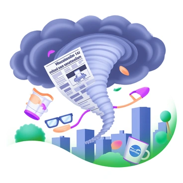 A powerful tornado swirling through a cityscape, with dark, swirling clouds overhead. The tornado is visibly lifting various objects that symbolize bias, including a newspaper with headlines that scream sensationalism, a broken scale representing imbalance, a half-filled cup marked with a partisan logo, and a pair of glasses that have one lens tinted blue and the other red. Surrounding the tornado, buildings sway and trees bend under the force of the wind. The scene captures the chaos as the tornado moves through the urban environment, with debris flying around and an eerie, tense atmosphere.