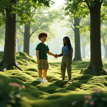 Two environmental activists, one with light skin and curly brown hair wearing a green t-shirt and khaki shorts, and the other with dark skin and long straight hair wearing a blue tank top and cargo pants, are shaking hands. They are standing on a bed of rich green moss, surrounded by tall trees with thick trunks and vibrant green leaves. Sunlight filters through the canopy, casting dappled patterns on the ground. In the background, a few wildflowers add splashes of color to the scene, enhancing the natural beauty of the lush forest setting.