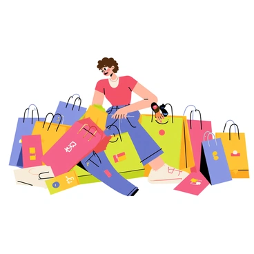 A person with short brown hair is sitting on the floor, surrounded by multiple colorful shopping bags in various sizes. The bags are made of glossy paper and display logos in bright colors. Scattered around the person are different pieces of clothing, including a red dress, denim jeans, and several T-shirts in vibrant patterns. The person's expression shows excitement and exhaustion, as they sort through the items, with a few accessories like sunglasses and a hat peeking out from the piles.