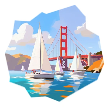 A view of several sailboats with white sails gliding smoothly under the "Golden Gate Bridge." The bridge's iconic orange towers rise majestically against a clear blue sky. The water is a sparkling turquoise, reflecting the sunlight as the boats navigate. A few fluffy white clouds drift lazily overhead, adding to the bright atmosphere of the sunny day. The scene captures the dynamic movement of the sailboats as they move in harmony with the wind.