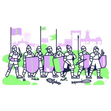 A group of soldiers in historical armor is marching through a medieval battlefield. Each soldier is wearing distinct pieces of armor, such as helmets, breastplates, and greaves, showcasing the craftsmanship of the era. The soldiers are in formation, with some holding shields and others wielding swords or spears. The ground beneath them is uneven, covered with mud and scattered debris of broken weapons and armor. In the background, there are distant silhouettes of castle walls and banners flying in the wind, indicating the location of a nearby fortification.