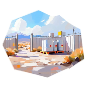 A secure facility surrounded by a rugged landscape, designed to store nuclear waste barrels. The facility features high, reinforced fences topped with barbed wire, ensuring safety and security. Several large, cylindrical barrels are stacked neatly on pallets, with warning signs clearly visible. The remote area is characterized by sparse vegetation, rocky terrain, and a distant mountain range under a clear blue sky. The scene conveys a sense of isolation, with no buildings or roads in close proximity, emphasizing the facility's remoteness.