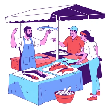 A group of market vendors stands together under a large awning, each showcasing their fresh fish on vibrant ice displays. The first vendor, wearing a blue apron, is animatedly sharing a tip while holding up a shiny silver fish. Next to them, a vendor in a red shirt listens intently, nodding as they point to a colorful array of fish on their table. Another vendor, dressed in a teal cap, is leaning in, engaged in the conversation with a basket of oysters beside them. Various fish glisten under the market lights, enhancing the lively atmosphere of the exchange.